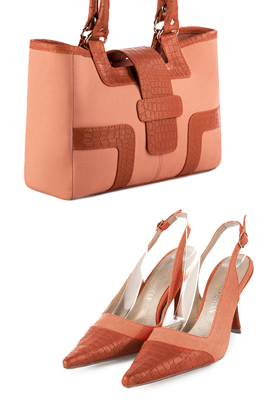 Peach orange women's dress handbag, matching pumps and belts. Top view - Florence KOOIJMAN